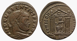 Maxentius (307-312). Æ Follis (25mm, 6.85g, 12h). Rome, 308-310. Laureate head r. R/ Roma seated within hexastyle temple; wreath in pediment; RET. RIC...