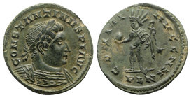Constantine I (307/310-337). Æ Follis (23mm, 4.07g, 6h). Londinium, 310-2. Laureate and cuirassed bust r. R/ Sol standing facing, head l., raising han...
