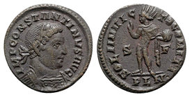 Constantine I (307/310-337). Æ Follis (20mm, 3.15g, 6h). Londinium, 313-4. Laureate and cuirassed bust r. R/ Sol standing l., extending arm and holdin...