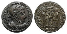 Constantine I (307/310-337). Æ Follis (17mm, 2.95g, 6h). Londinium, 319-320. Laureate, helmeted and cuirassed bust r. R/ Two Victories standing facing...