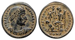Constantine I (307-337). Æ Follis (20mm, 3.36g, 12h). Constantinople, AD 328. Diademed, draped and cuirassed bust r. R/ Victory seated l. on cippus, l...