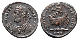 Licinius I (308-324). Æ Follis (17mm, 2.95g, 12h). Treveri, 318-9. Laureate, draped and cuirassed bust l., holding mappa and sceptre. R/ Licinius I, h...