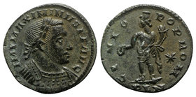 Maximinus II (310-313). Æ Follis (22mm, 5.01g, 6h). Londinium, c. 311-2. Laureate and cuirassed bust r. R/ Genius standing l., holding patera and corn...