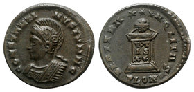 Constantine II (Caesar, 316-337). Æ Follis (19mm, 2.70g, 6h). Londinium, 323-4. Cuirassed bust left, wearing crested helmet / Globe on altar inscribed...