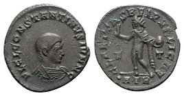 Constantine II (Caesar, 316-337). Æ Follis (19mm, 3.41g, 6h). Treveri, 317-8. Bareheaded and cuirassed bust r. R/ Sol advancing l., extending arm and ...