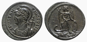 Commemorative series, c. 330-354. Æ (19mm, 2.23g, 6h). Thessalonica, 330-3. Helmeted and mantled bust of Constantinople l., holding sceptre. R/ Victor...