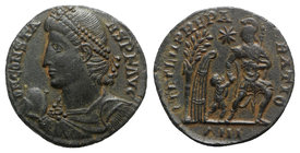 Constans (337-350). Æ Centenionalis (20mm, 4.33g, 11h). Antioch, 347-8. Pearl-diademed, draped and cuirassed bust l., holding globe. R/ Soldier, advan...