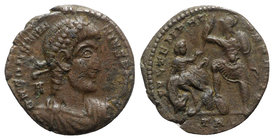 Constantius II (337-361). Æ (21mm, 5.10g, 6h). Treveri. Pearl-diademed, draped and cuirassed bust r.; A behind. R/ Soldier spearing fallen horseman; T...