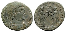Magnentius (350-353). Æ Centenionalis (21mm, 4.54g, 6h). Treveri, AD 352. Bareheaded, draped and cuirassed bust r.; A behind. R/ Two Victories standin...
