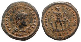 Valentinian II (375-392). Æ (25mm, 6.74g, 6h). Antioch, 378-383. Pearl-diademed, helmeted, draped and cuirassed bust r., holding spear and shield. R/ ...