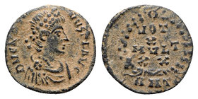 Arcadius (383-408). Æ (11mm, 1.10g, 6h). Antioch, 383-8. Pearl-diademed, draped and cuirassed bust r. R/ VOT X MVLT XX within wreath; ANTA. RIC IX 65c...