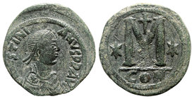 Justinian I (527-565). Æ 40 Nummi (31mm, 17.80g, 7h). Constantinople. Diademed, draped and cuirassed bust r. R/ Large M flanked by two stars; CON. MIB...