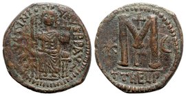 Justinian I (527-565). Æ 40 Nummi (32mm, 17.07g, 6h). Theoupolis (Antioch), c. 529-533. Justinian seated facing on throne, holding sceptre and globus ...