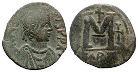 Justinian I (527-565). Æ 40 Nummi (28mm, 16.61g, 7h). Carthage, c. 533-538. Diademed, draped and cuirassed bust r., with Christogram on chest. R/ Larg...