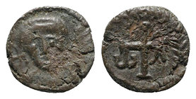 Justinian I (527-565). Æ Nummus (8mm, 0.87g, 6h). Uncertain mint. Helmeted and draped facing bust. R/ Cross potent; ω - Λ across field; all within wre...