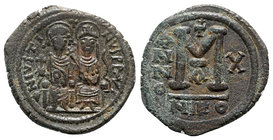 Justin II and Sophia (565-578). Æ 40 Nummi (30mm, 11.43g, 6h). Nicomedia, year 10 (574/5). Crowned and cuirassed bust facing, holding cross on globe a...