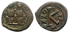 Justin II and Sophia (565-578). Æ 20 Nummi (22mm, 6.42g, 6h). Nicomedia, year 12 (576/7). Justin and Sophia seated facing on double throne, holding gl...