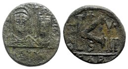 Justin II and Sophia (565-578). Æ 20 Nummi (22mm, 8.95 g, 9h). Carthage, year 8 (572/3). Facing busts of Justin, helmeted and cuirassed, and Sophia, c...