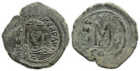 Maurice Tiberius (582-602). Æ 40 Nummi (34mm, 11.25g, 6h). Constantinople, year 3 (584/5). Helmeted and cuirassed bust facing, holding globus cruciger...