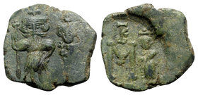 Constans II (641-668). Æ 40 Nummi (23mm, 5.40g, 6h). Syracuse, 659-668. Constans, holding long cross with r. hand, and Constantine IV, both crowned, s...