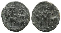 Constans II (641-668). Æ 40 Nummi (22mm, 6.68g, 6h). Syracuse, 659-668. Constans, holding long cross with r. hand, and Constantine IV, both crowned, s...