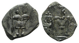 Constantine IV (668-685). Æ 40 Nummi (19mm, 3.33g, 6h). Syracuse, 672-677. Constantine, helmeted and cuirassed, standing facing, holding spear. R/ Lar...