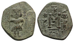 Constantine IV (668-685). Æ 40 Nummi (23mm, 5.03g, 6h). Syracuse, 672-677. Constantine, helmeted and cuirassed, standing facing, holding spear. R/ Lar...