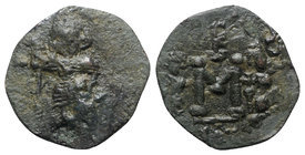 Constantine IV (668-685). Æ 40 Nummi (22mm, 2.84g, 6h). Syracuse, 672-677. Constantine, helmeted and cuirassed, standing facing, holding spear. R/ Lar...