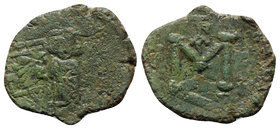 Justinian II (First reign, 685-695). Æ 40 Nummi (24mm, 3.57g, 6h). Syracuse, c. AD 686. Justinian standing facing, wearing crown and chlamys, holding ...