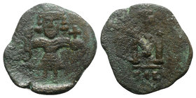 Justinian II (First reign, 685-695). Æ 40 Nummi (22mm, 4.44g, 6h). Syracuse, 687-689. Justinian standing facing, holding cross potent on steps and glo...