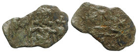 Justinian II (First reign, 685-695). Æ 40 Nummi (22mm, 1.23g, 6h). Syracuse, 687-689. Justinian standing facing, holding cross potent on steps and glo...