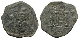 Justinian II (First reign, 685-695). Æ 40 Nummi (22.5mm, 3.60g, 6h). Syracuse, year 8 (694/5). Justinian, helmeted, standing facing, holding akakia an...