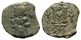 Justinian II (First reign, 685-695). Æ 40 Nummi (20mm, 4.39g, 6h). Syracuse, 692-693. Justinian enthroned facing, holding globus cruciger and akakia; ...