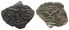 Justinian II and Tiberius (Second reign, 705-711). Æ 40 Nummi (22mm, 1.57g, 6h). Syracuse. Justinian and Tiberius standing facing, each wearing crown ...