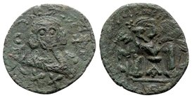 Philippicus (Bardanes, 711-713). Æ 40 Nummi (23mm, 3.75g, 6h). Constantinople. Crowned bust facing, wearing loros, holding globus cruciger and eagle-t...