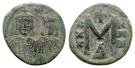 Leo III and Constantine V (717-741). Æ 40 Nummi (22mm, 6.35g, 6h). Constantinople, c. 735-741. Crowned facing busts of Leo and Constantine, each holdi...