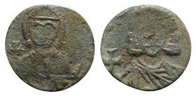 Leo III and Constantine V (717-741). Æ 40 Nummi (15mm, 2.34g, 6h). Syracuse, 722-730. Crowned and draped facing bust of Leo, holding globus cruciger a...