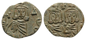 Constantine V (741-775). Æ 40 Nummi (18mm, 1.84g, 6h). Syracuse, 757-775. Crowned facing busts of Constantine and Leo IV, each wearing chlamys and hol...
