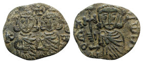 Constantine V (741-775). Æ 40 Nummi (20mm, 2.60g, 6h). Syracuse, 757-775. Crowned facing busts of Constantine and Leo IV, each wearing chlamys and hol...