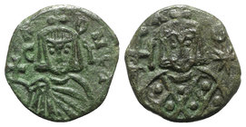 Leo V and Constantine (813-820). Æ 40 Nummi (20mm, 3.29g, 6h). Syracuse. Crowned facing bust of Leo, wearing loros and holding cross potent; star in r...