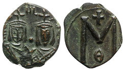 Michael II and Theophilus (820-829). Æ 40 Nummi (18mm, 5.16g, 6h). Syracuse, 821-9. Crowned facing busts of Michael and Theophilus. R/ Large M; cross ...