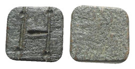 Byzantine Æ Square Weight (9mm, 1.35g). Large H engraved. Green patina