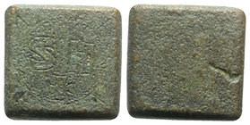 Byzantine Æ Ounce Square Commercial Weight, 5th-7th centuries AD (23mm, 26.58g). Engraved HS, cross above; all within wreath. R/ Blank. Green patina