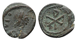 Vandals, c. 5th- 6th century. Æ (9mm, 0.98g, 2h). Diademed and draped bust r. R/ Christogram within laurel wreath. BMC Vandals 158-63. VF