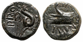 Central Italy, Uncertain, c. 2nd-1st century BC. Æ (11mm, 2.60g, 12h). PRO[…], Kerykeion and coiled serpent. R/ IV[…], Prow of galley l., with promine...