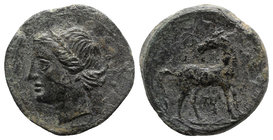 Bruttium, Carthaginian occupation, c. 215-205 BC. Æ (22mm, 8.10g, 10h). Wreathed head of Tanit-Demeter l. R/ Horse standing r., head reverted. HNItaly...