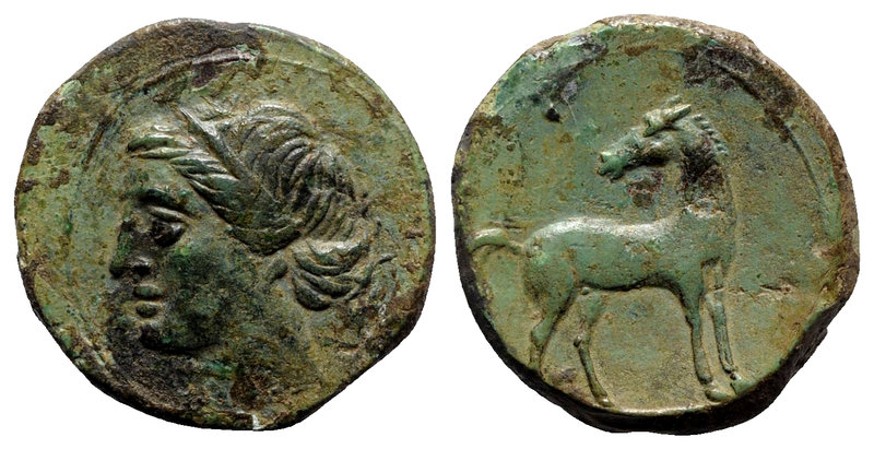 Bruttium, Carthaginian occupation, c. 215-205 BC. Æ (22mm, 8.05g, 3h). Wreathed ...
