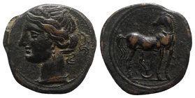Bruttium, Carthaginian occupation, c. 215-205 BC. Æ (25mm, 10.67g, 12h). Wreathed head of Tanit-Demeter l. R/ Horse standing r., head reverted. HNItal...
