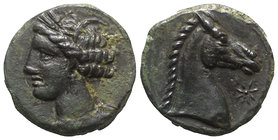 Carthaginian Domain, Sardinia, c. 264-241 BC. Æ (18mm, 5.75g, 2h). Wreathed head of Kore-Tanit l. R/ Head of horse r.; before, eight-rayed star. Piras...