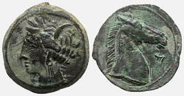 Carthaginian Domain, Sardinia, c. 264-241 BC. Æ (20mm, 5.03g, 3h). Wreathed head of Kore-Tanit l. R/ Head of horse r.; letter before. Piras 48; SNG Co...